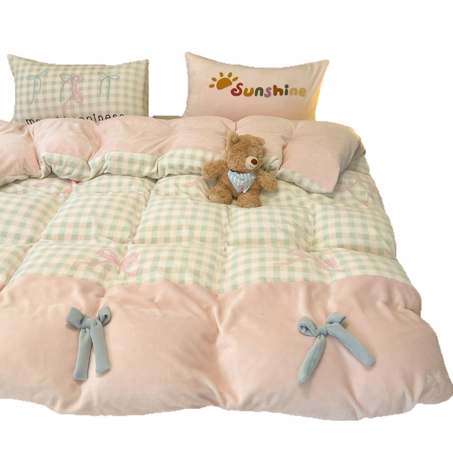 2025 Autumn/Winter New Country Retro Style Thickened Milk Velvet Bowknot Towel Embroidery Bed Sheet and Fitted Sheet Four-Piece Set