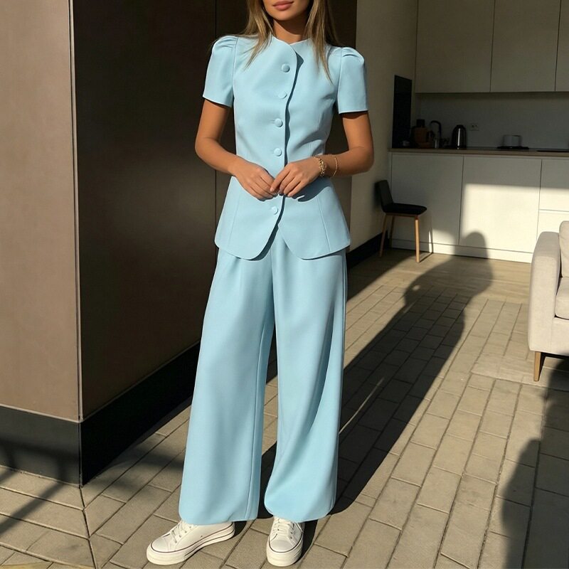 Womens Summer Casual Two Piece Set Solid Color Top and Long Pants Comfortable Everyday Wear Wholesale Available