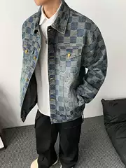 New Men's Casual Jacket Spring and Autumn Foreign Trade Trendy Checkered Light Luxury Unisex Loose Denim Jacket