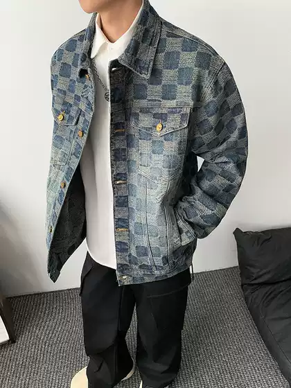 New Men's Casual Jacket Spring and Autumn Foreign Trade Trendy Checkered Light Luxury Unisex Loose Denim Jacket