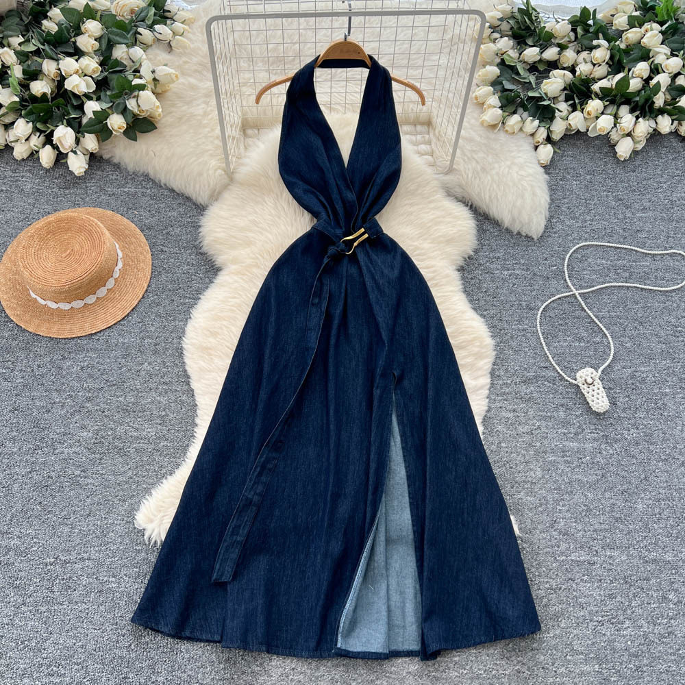 Summer Deep V Neck Backless Denim Maxi Dress for Women Sexy Split Design Chic Style Elegant Look Wholesale Available