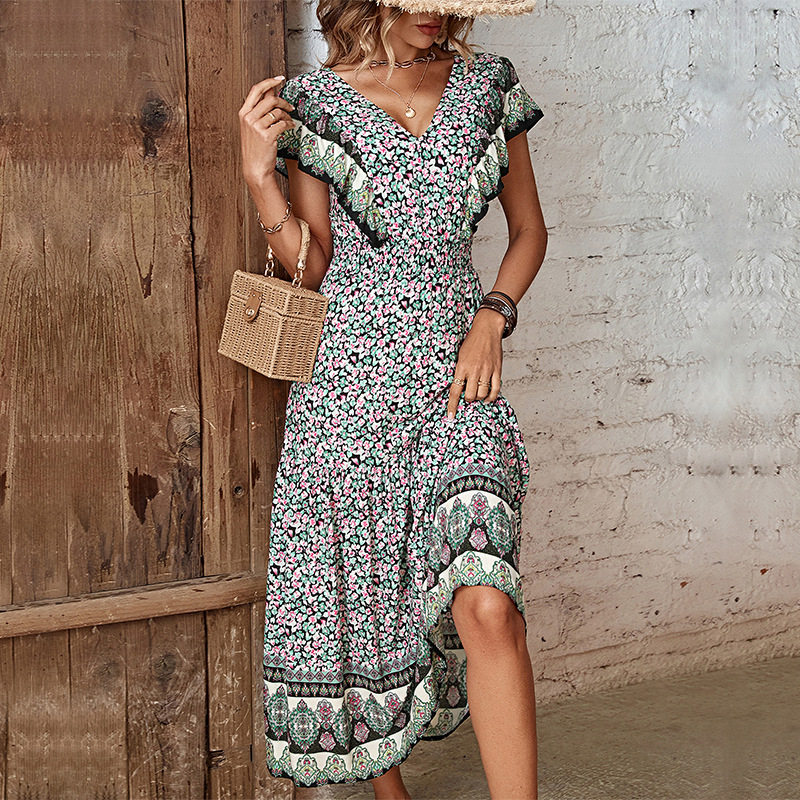 Vintage Bohemian Ruffle Hem V Neck Printed Dress Elegant Design Comfortable Fabric Perfect for Summer Events