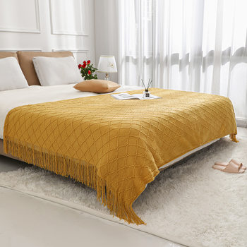 Nordic Retro Rhomboid Wool Blanket Yellow Knitted Blanket Bed End Blanket Bed Sofa Blanket Bed End Towel Cover Blanket