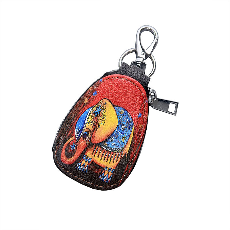 2023 New genuine leather women's key case retro ethnic style fashion zipper ornaments car key color printing women's bag