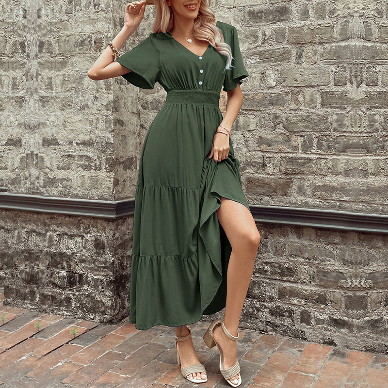 Elegant Summer V Neck Ruffled Hem Dress Slim Fit Solid Color Versatile Style Perfect for Casual or Formal Occasions