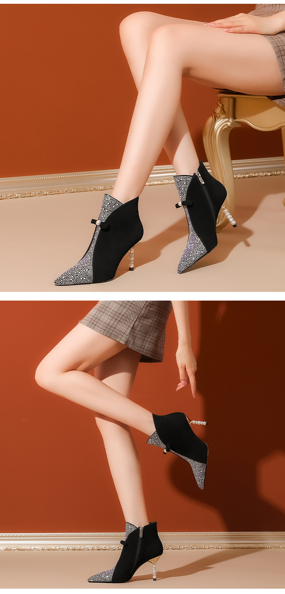 Boot nữ cổ thấp mũi nhọn gót mảnh đính đá — màu đen, trắng