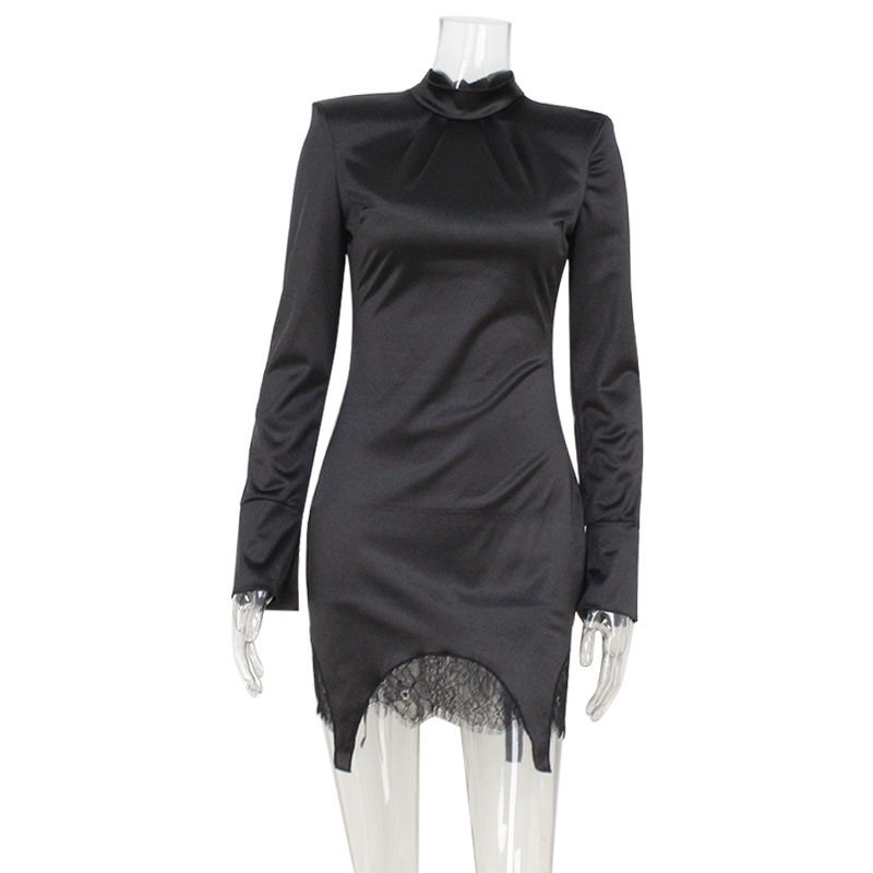 Elegant Long Sleeve Dress Satin Lace Panel Slim Fit Solid Color Perfect for Formal Events Wholesale Available