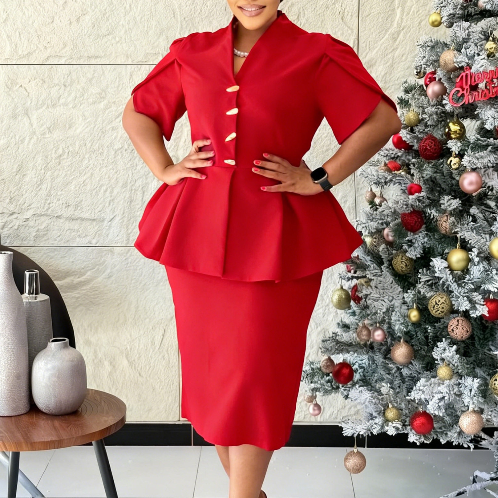 Elegant Plus Size African Dress Slim Fit Ruffled Hem V Neck Short Sleeve Casual or Formal Occasion Wholesale