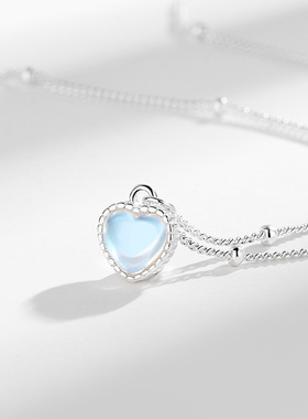 s925纯银渐变炫彩月光石爱心项链女法式高级感ins甜美心形锁骨链