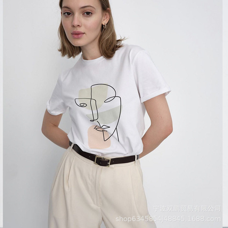 Abstract Aesthetic Printed T Shirt for Women Soft Cotton Loose Fit Basic Style Summer Casual Wear Wholesale