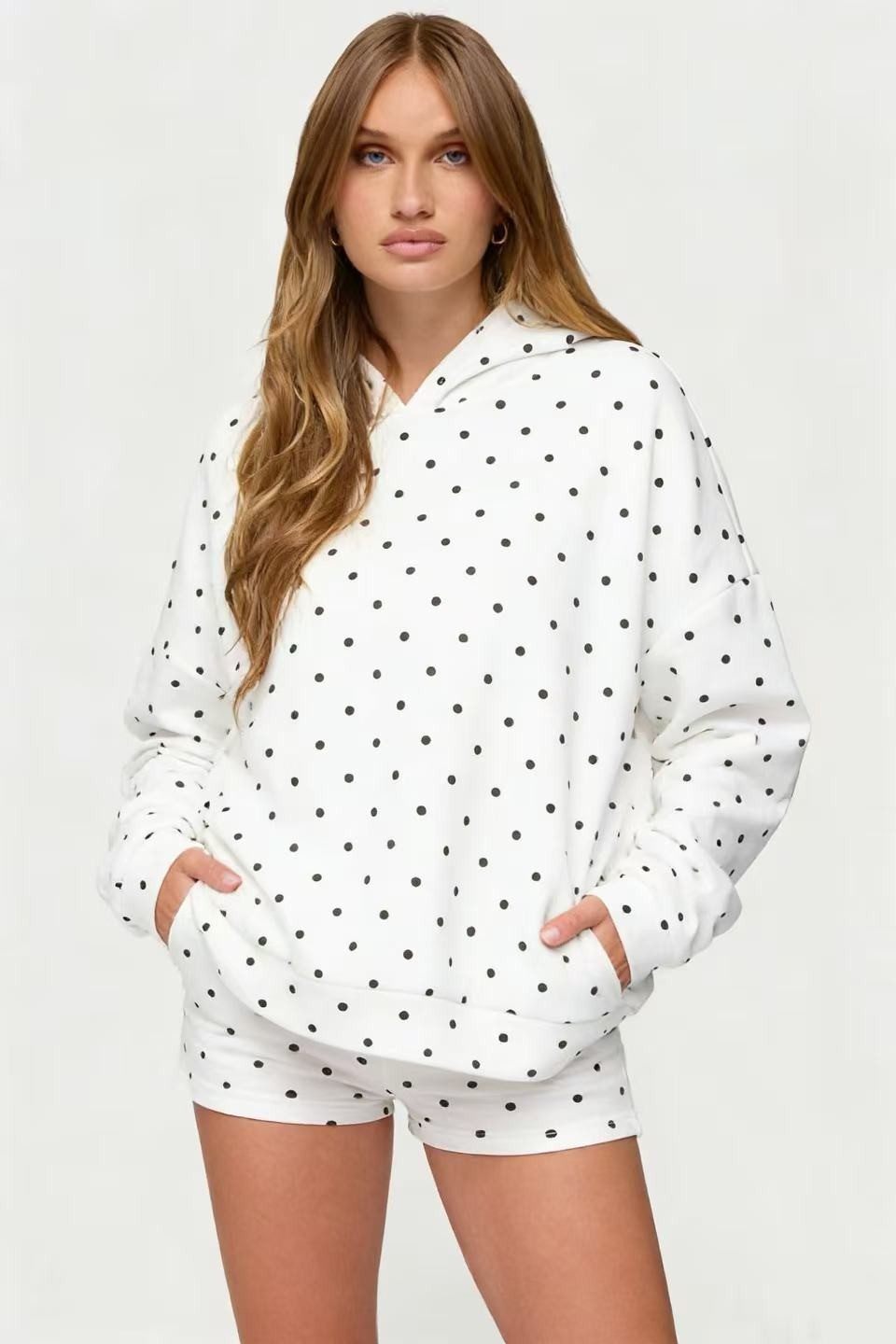Polka Dot Hoodie and Shorts Set Stylish Casual Comfortable Fabric Perfect for Sports and Leisure Wholesale Available