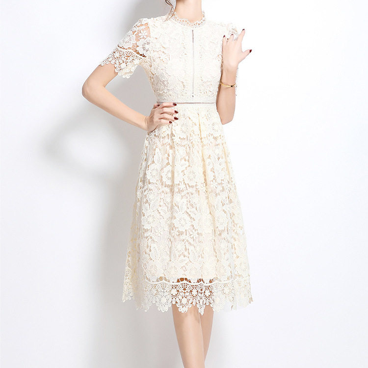 Vintage Elegant Hollow Out Lace Dress Water Soluble Floral Design Slim Fit Short Sleeve Formal Occasion Wholesale