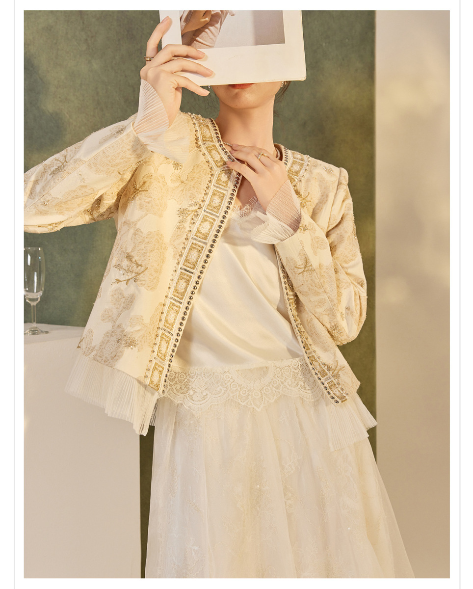 Áo khoác ngắn nữ dáng thanh lịch thêu cườm họa tiết hoa nhún bèo — Vàng Champagne (giao hàng trong 7 ngày), Vàng Champagne (giao hàng trong ngày)