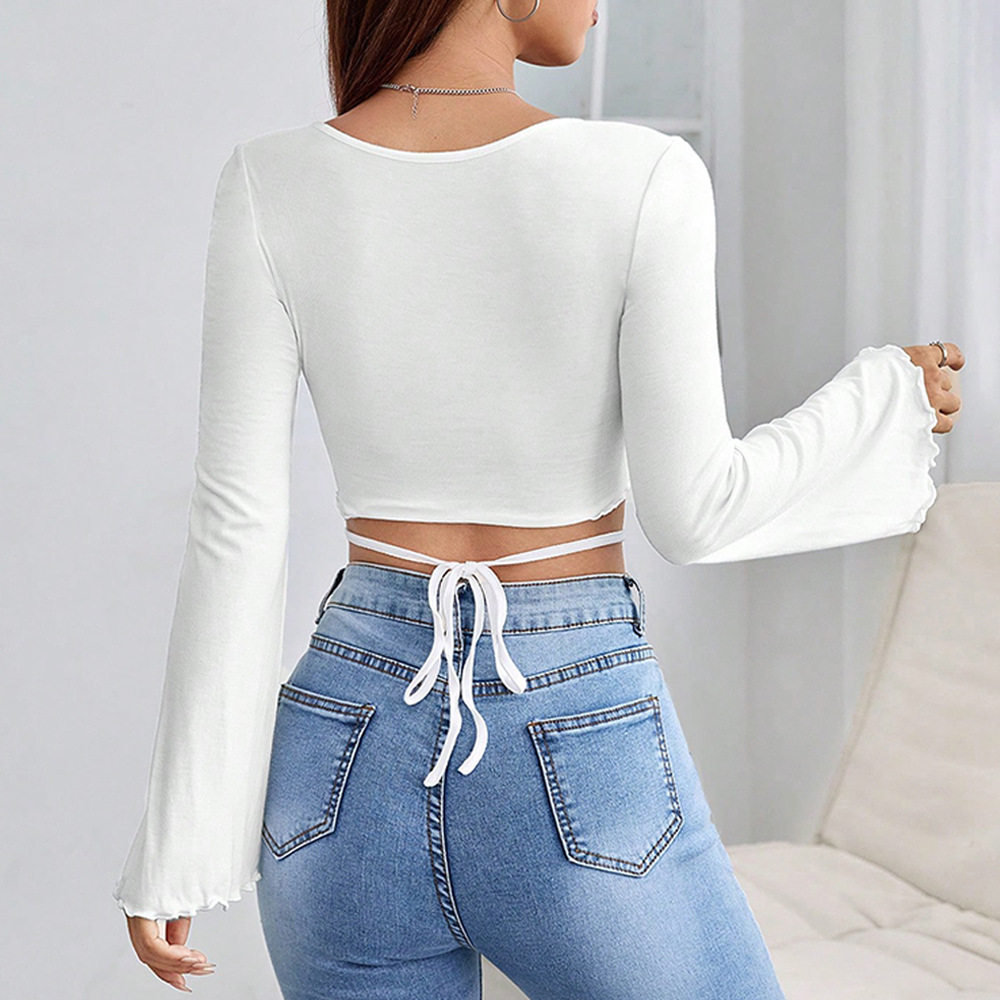 Elegant Long Sleeve Blouse Flared Sleeve Waist Tie V Neck Perfect for Dates and Casual Outings Wholesale Available