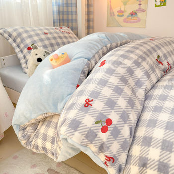 Milk Velvet Four-Piece Winter Thickeneded Small Fresh Cartoon Coral Velvet Single Quilt Cover Bed Sheetss Student Dormitory Three-Piece Set