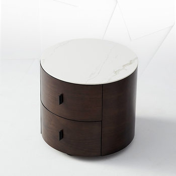 Italian Minimalist Round Bedside Table Smoked Bedroom Storage Cabinet Solid Wood Rock Board Bedside Table Nordic 40cm Small Apartment