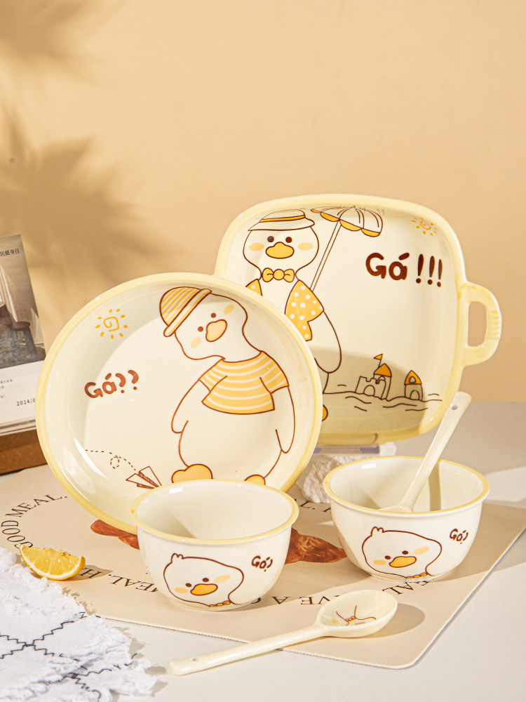 Cute Duck Ceramic Cartoon Dish Set, Personal Household Cream Style Plate, Cute Tableware for One or Two People