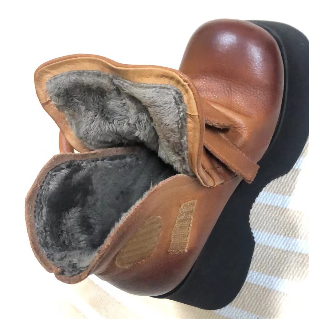 Boot nữ da thật đế dày 10cm gót xuôi mũi tròn dán quai — Màu đen, Màu đen lót nhung, Màu nâu, Màu nâu lót nhung