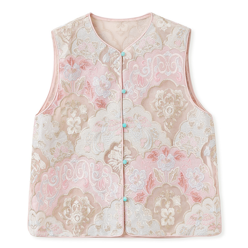 Áo vest nữ dáng gile thêu hoa cúc tơ tằm cao cấp — Áo vest màu hồng mơ (giao hàng trong 7 ngày), Áo vest màu hồng mơ (giao hàng trong ngày)