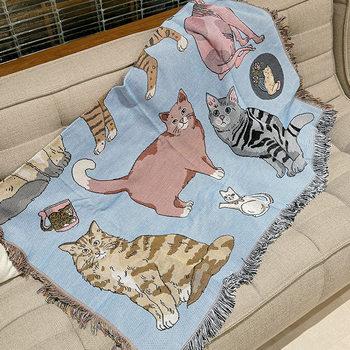 Nordic Blue Cat Cotton Blanket Velvet Gatan Air-conditioning Blanket Office Autumn and Winter New 2024 Nap Blanket Quilt Blanket