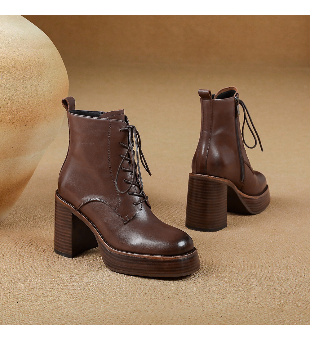 Boot Martin nữ đế dày gót thô buộc dây tăng chiều cao mũi tròn da bò thật — Lớp lót đơn màu nâu, Lớp lót nhung màu nâu, Màu đen một lớp, nhung đen