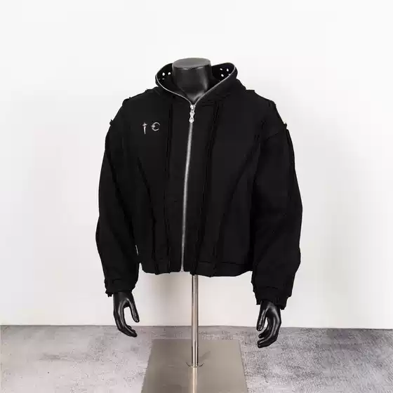 THUG CLUB VIBE Washed Metal Zipper Masked Ninja Hooded Cardigan Short Sweatshirt Men's Trendy Brand Jacket
