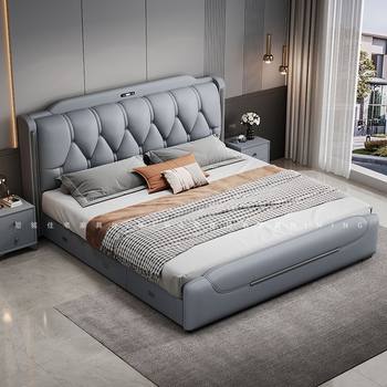 Italian Multifunctional Bed with Storage, Modern Simple Double Bed, Atmospheric Master Bedroom European Style Bed with Night Light