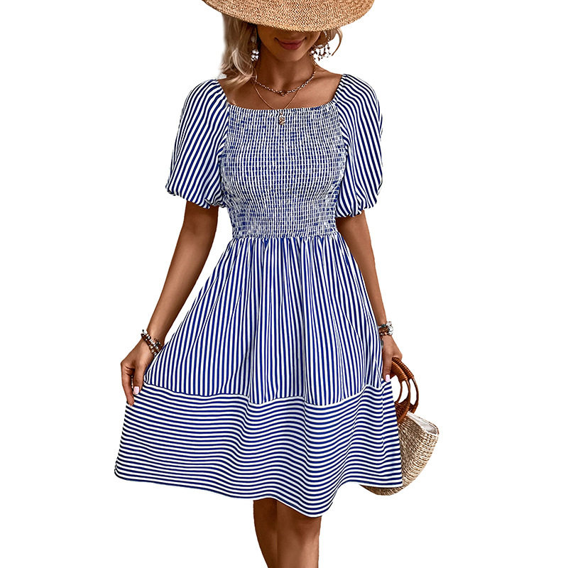 French Country Style Striped Dress Sweet Square Neck Puff Sleeves Lightweight Fabric Perfect for Spring Summer Events