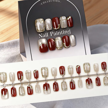 French-Style Short Wearable Ice-Clear Cat-Eye Nails, High-Quality Gilt Retro Gold Flower Fresh Manicure Nail Pieces