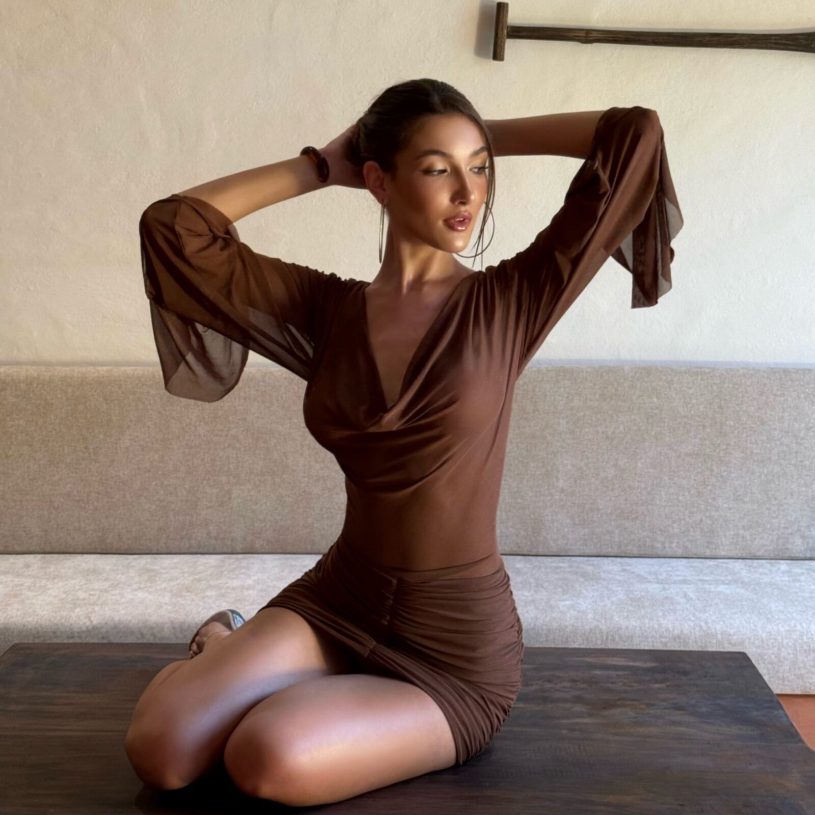 Womens Bodycon Dress Sexy Off Shoulder Mesh Panel Ruched Design Long Sleeve Autumn Fashion Wholesale Available