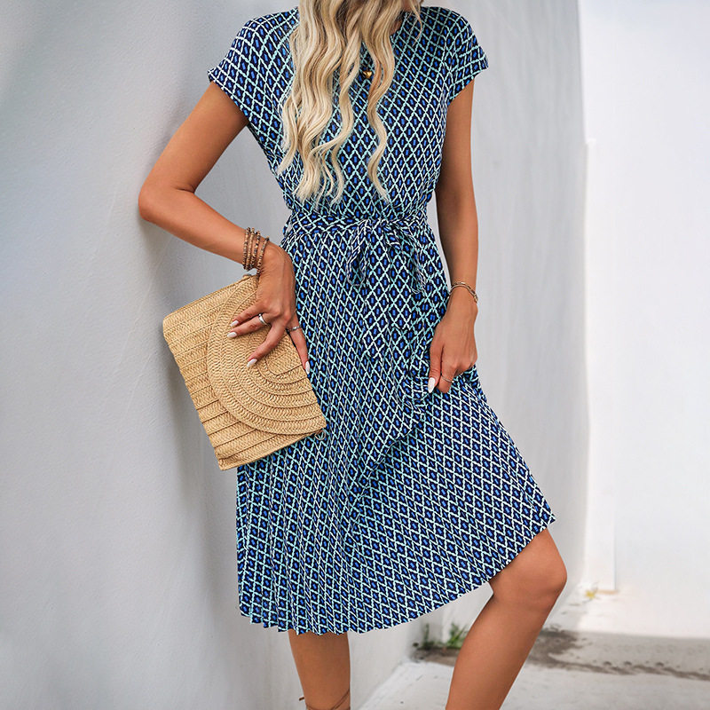 Geometric Print Short Sleeve Dress Minimalist Style Round Neck Comfortable Fabric Perfect for Casual Occasions OEM