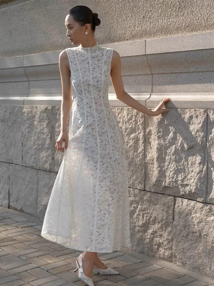 Đầm maxi nữ ren thắt eo dáng chữ A cổ tròn không tay — Trắng chi tiết 5