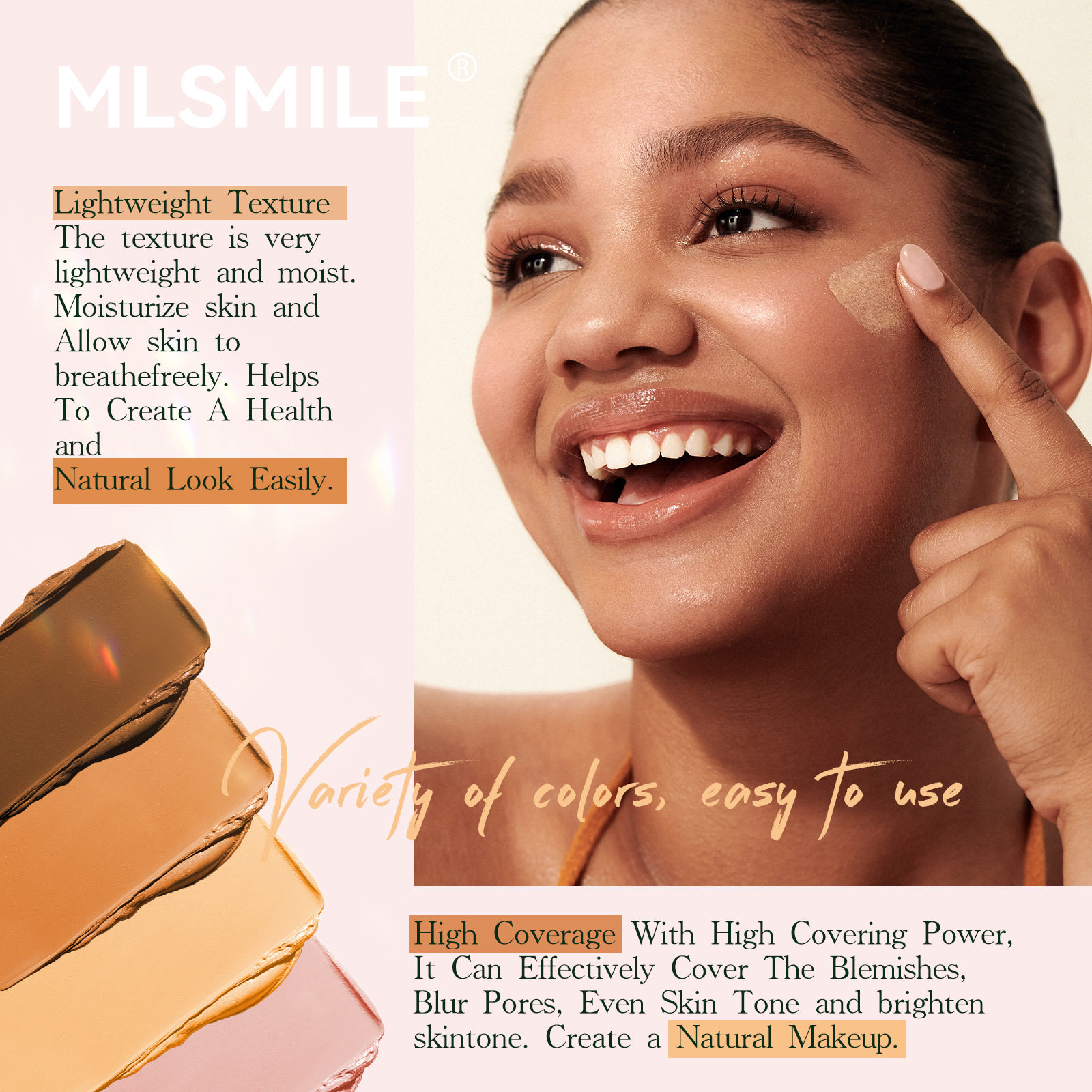 MLSMILE cross-border special 6-color foundation stick waterproof sweat-proof brightening concealer stick light matte foundation liquid