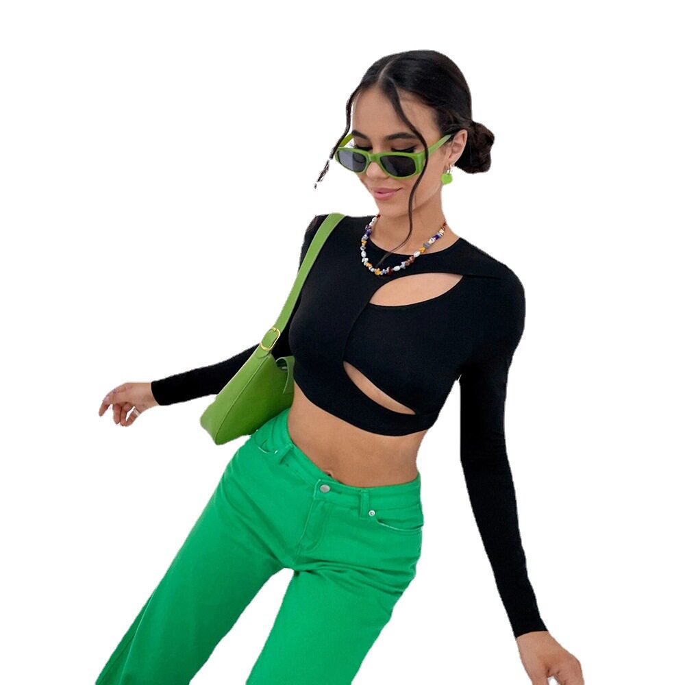 Womens Casual Hollow Out Slim Fit Crop Top Long Sleeve Street Style Trendy Design Perfect for Everyday Wear