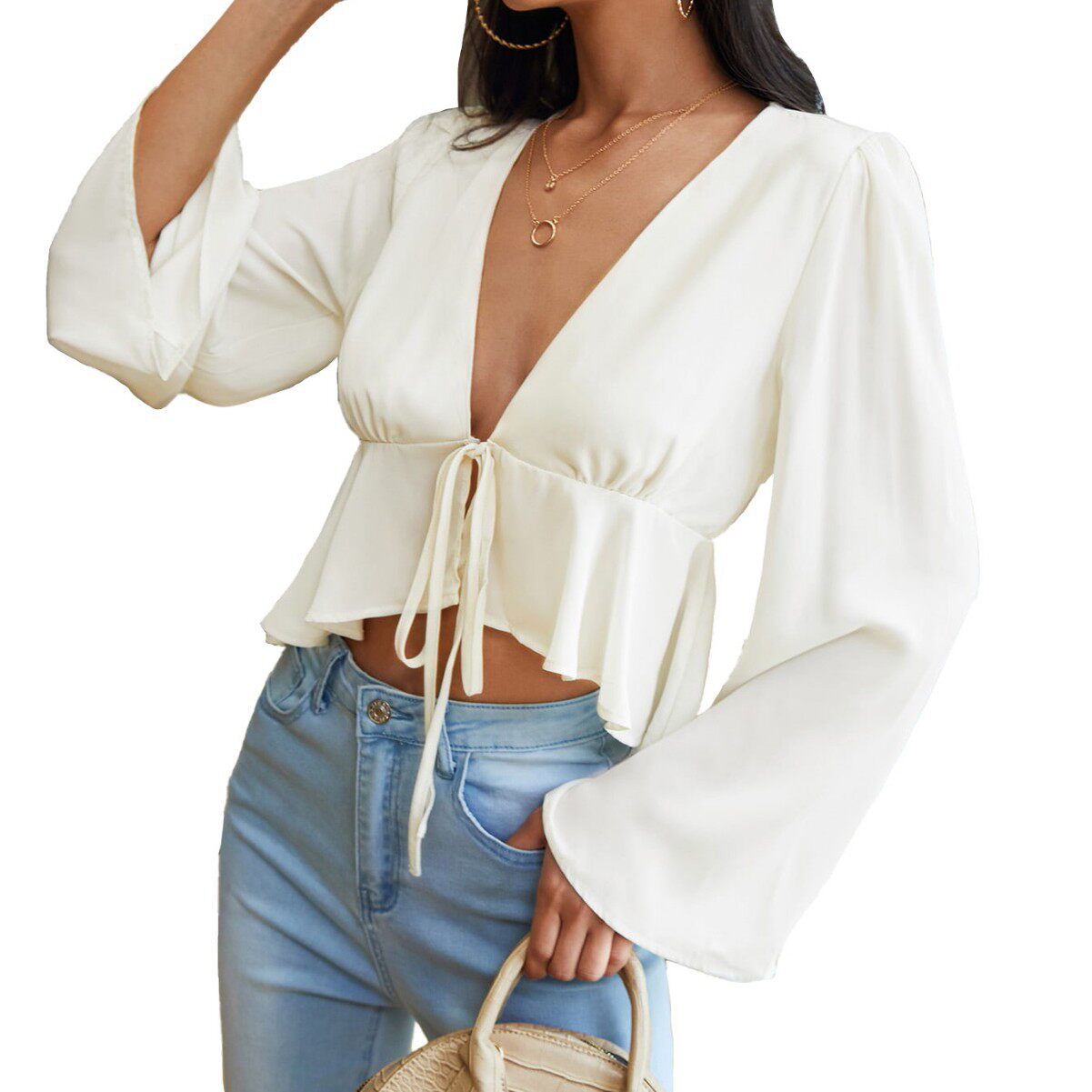 Womens Sexy Tie Front Cardigan T Shirt Short Length V Neck Loose Fit Long Sleeve Spring Summer Fashion Wholesale
