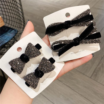 Sweet cute black velvet small bow rhinestone hairpin pair clip girl exquisite ball head side clip bangs clip