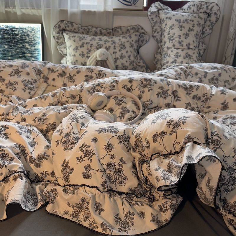 Ins Pastoral Floral Lace Quilt Cover Bed Sheets Double Bed Skirt Four-Piece Set Universal Washed Cotton Dormitory Three-Piece Set