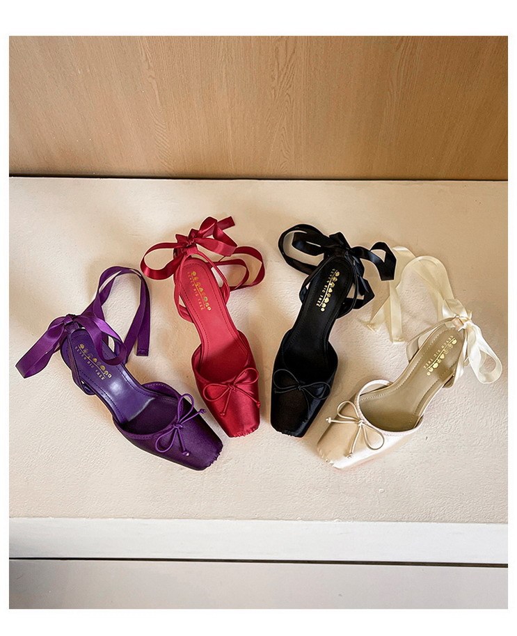 Giày cao gót nữ mũi vuông phong cách ballet, thắt nơ ren quai buộc, đế nhọn mặt satin — màu đen, màu đỏ, Màu tím, Rượu sâm pan