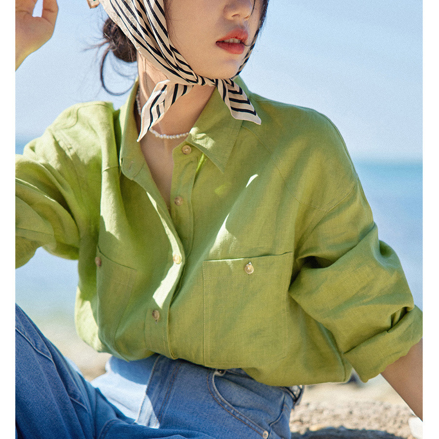 Beautiful Of Emperor  美丽的皇 14支全亚麻绿色长袖盐系衬衫女早春新款休闲宽松衬衣 Beautiful Of Emperor 