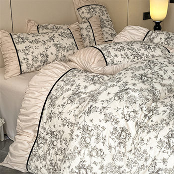 New French Vintage Printed Pleated Lace Washed Sanding Four-piece Set Small Floral Student Dormitory Three-piece Bed