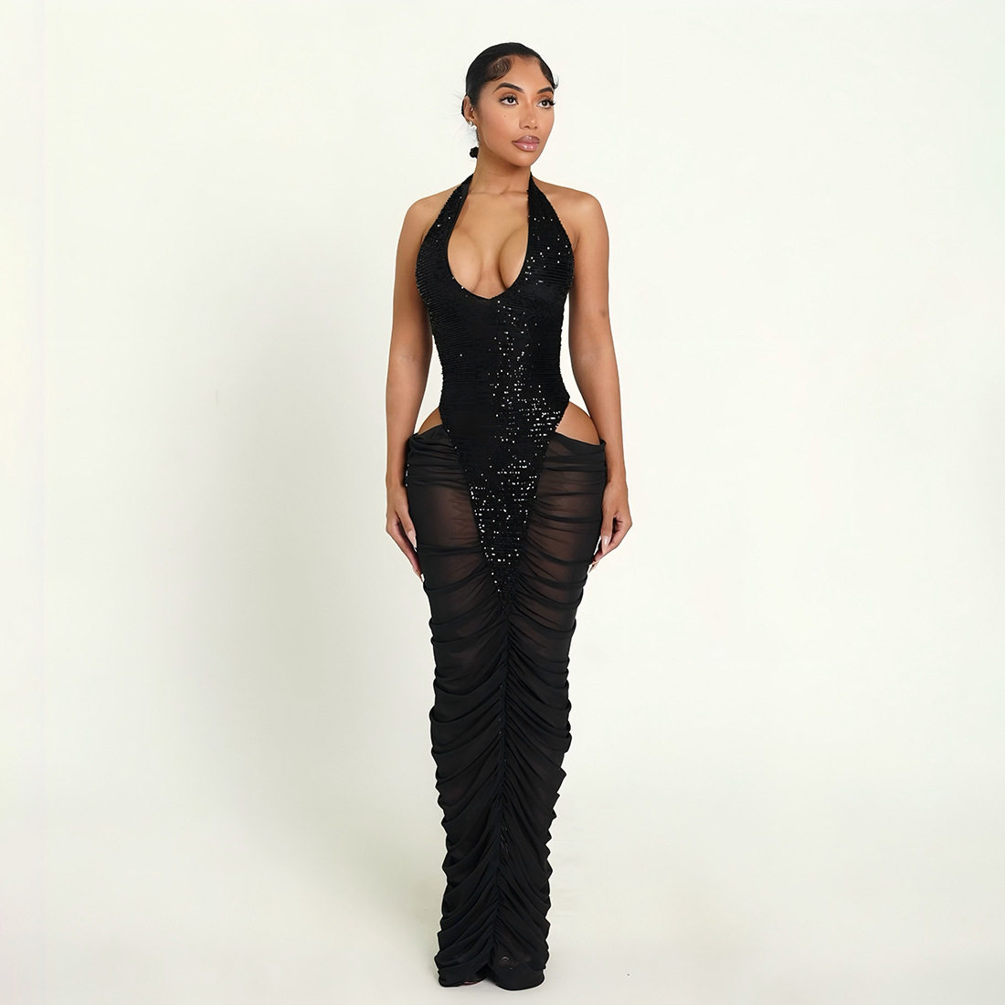 Fashionable Sequin Panelled Bodycon Dress Sheer Mesh Ruffled Design Elegant Style Perfect for Autumn and Winter
