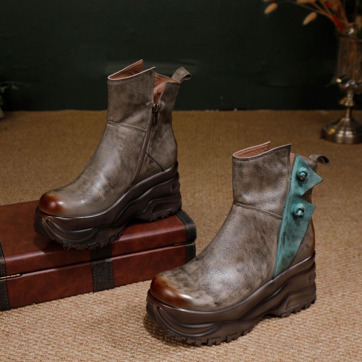 Boot nữ cổ thấp da bò thật đế dày tôn dáng thủ công — màu xám, xanh lá cây