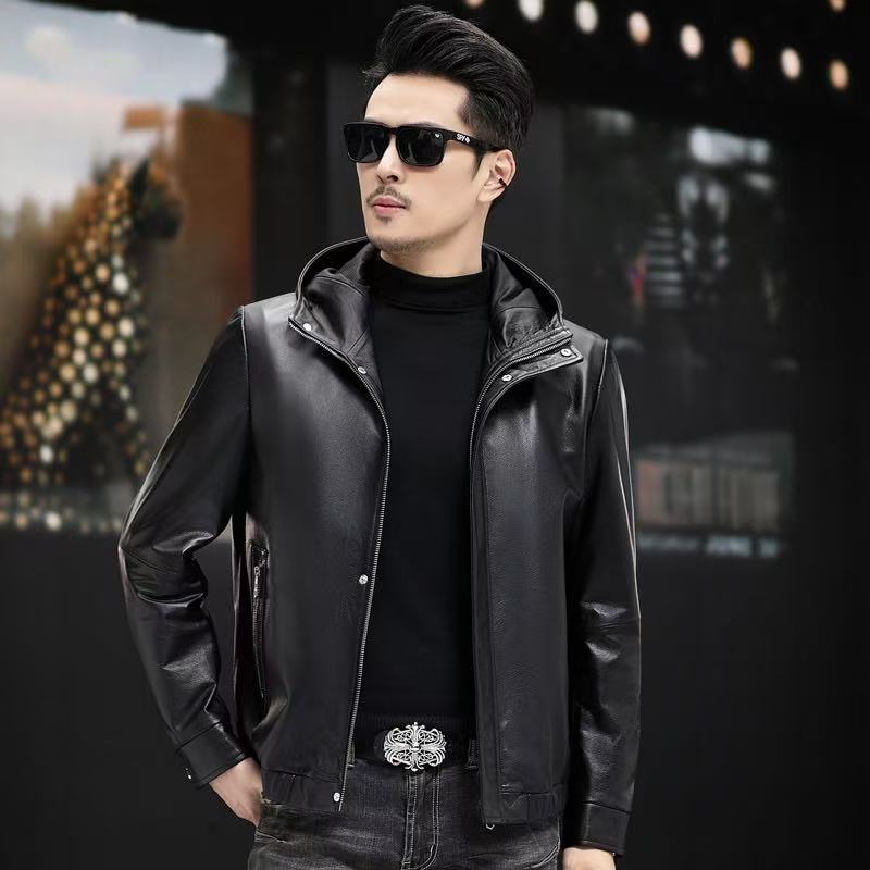 Áo Da Nam Chất Liệu Da Bò Dáng Ôm Mũ Liền Hàng Mùa Xuân Thu Đông