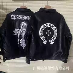 Cross-border ch Crow Sanskrit Cross Leather Embroidered Cotton Leather Coat Men's and Women's Baseball Suit Leather Motorcycle Jacket Trendy