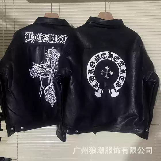 Cross-border ch Crow Sanskrit Cross Leather Embroidered Cotton Leather Coat Men's and Women's Baseball Suit Leather Motorcycle Jacket Trendy
