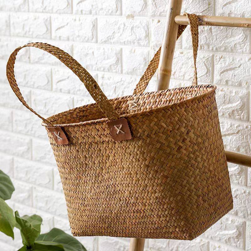 Japanese high-end shopping basket picnic basket woven portable gift bag oval straw basket storage basket shopping basket