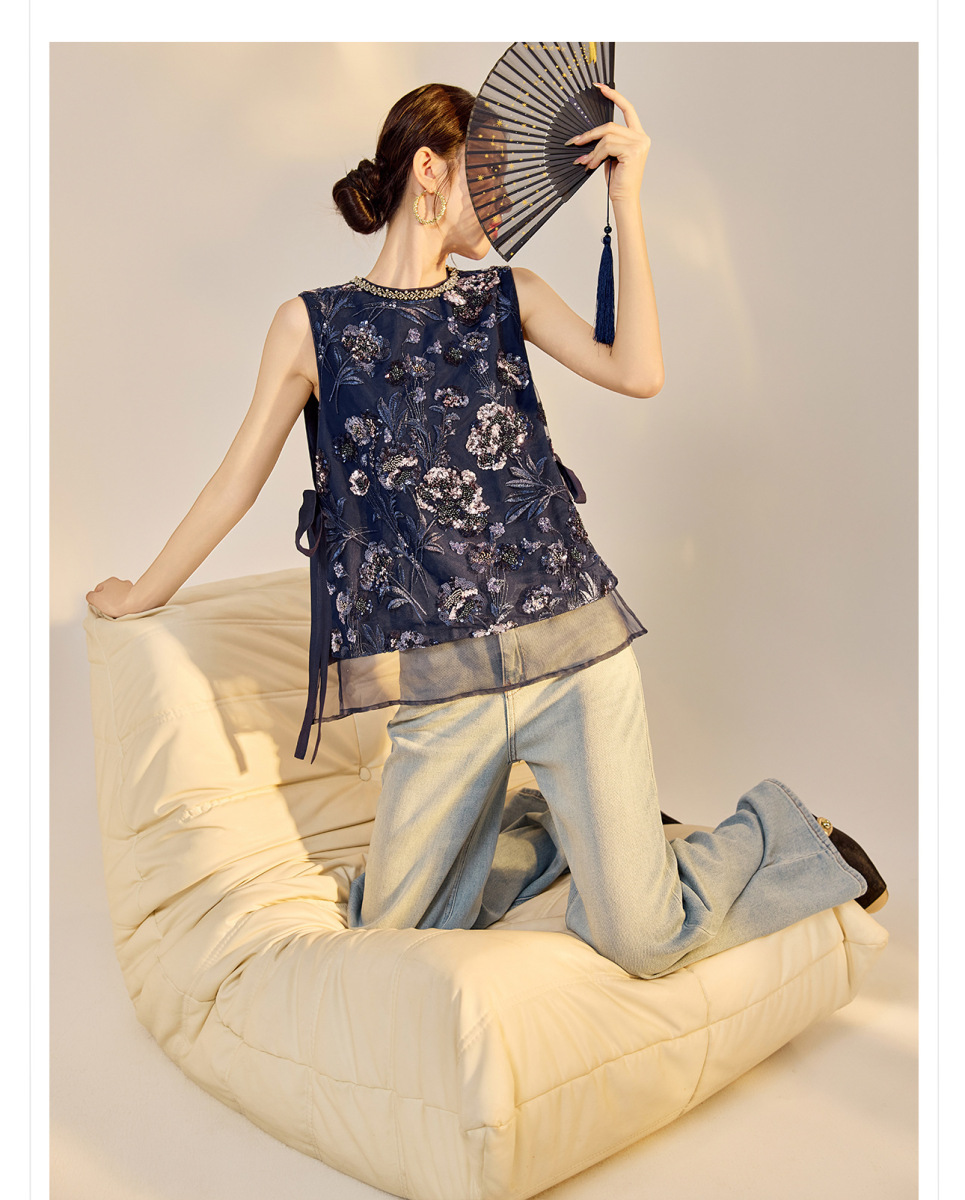 Áo vest nữ thêu cườm đính đá cổ tròn phối hoa văn — Jiyue Blue (giao hàng trong 7 ngày), Jiyue Blue (phát hành cùng ngày)