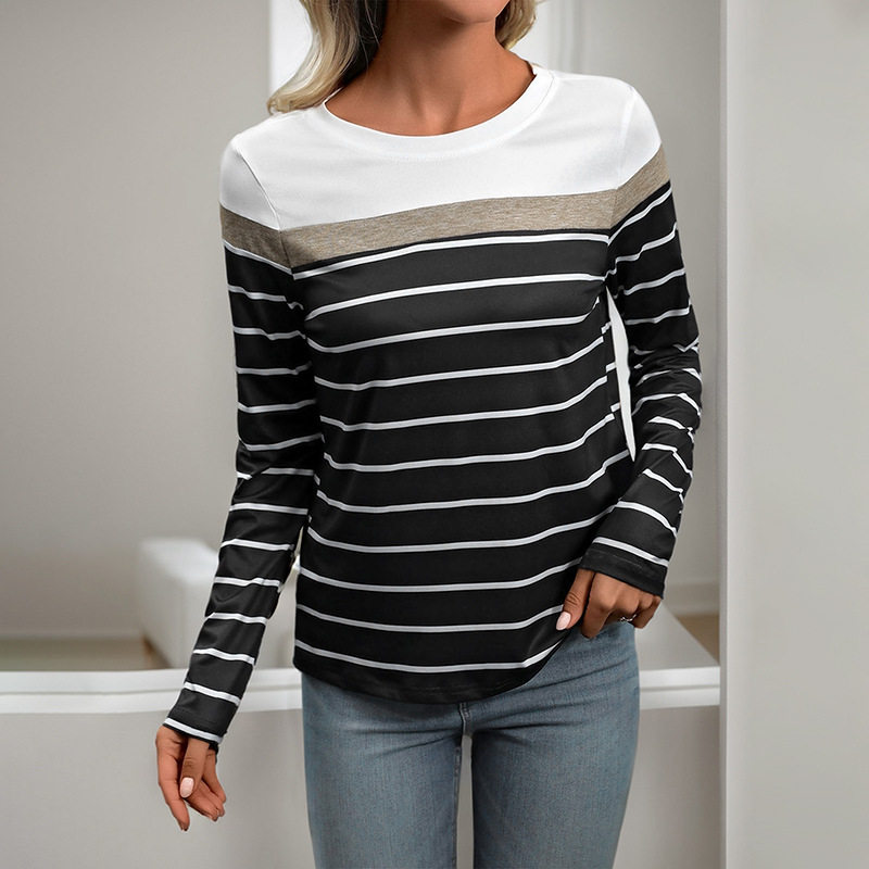 Womens Striped Long Sleeve T Shirt Color Block Design Casual Fit Autumn Wear Wholesale Available
