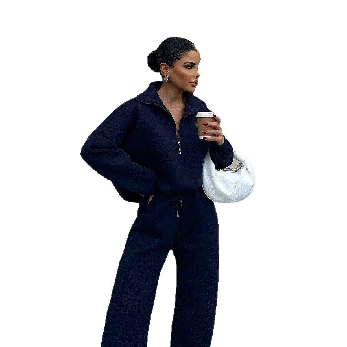 跨境欧美休闲女装时尚半开襟套头卫衣长裤两件套宽松休闲秋冬套装