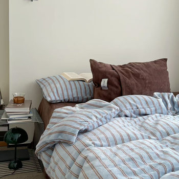 Ins Simple Stripesd Thickeneded Milk Velvet Bed Four-Piece Set Warm Coral Velvet Bed Sheetss Quilt Cover Bedding 4